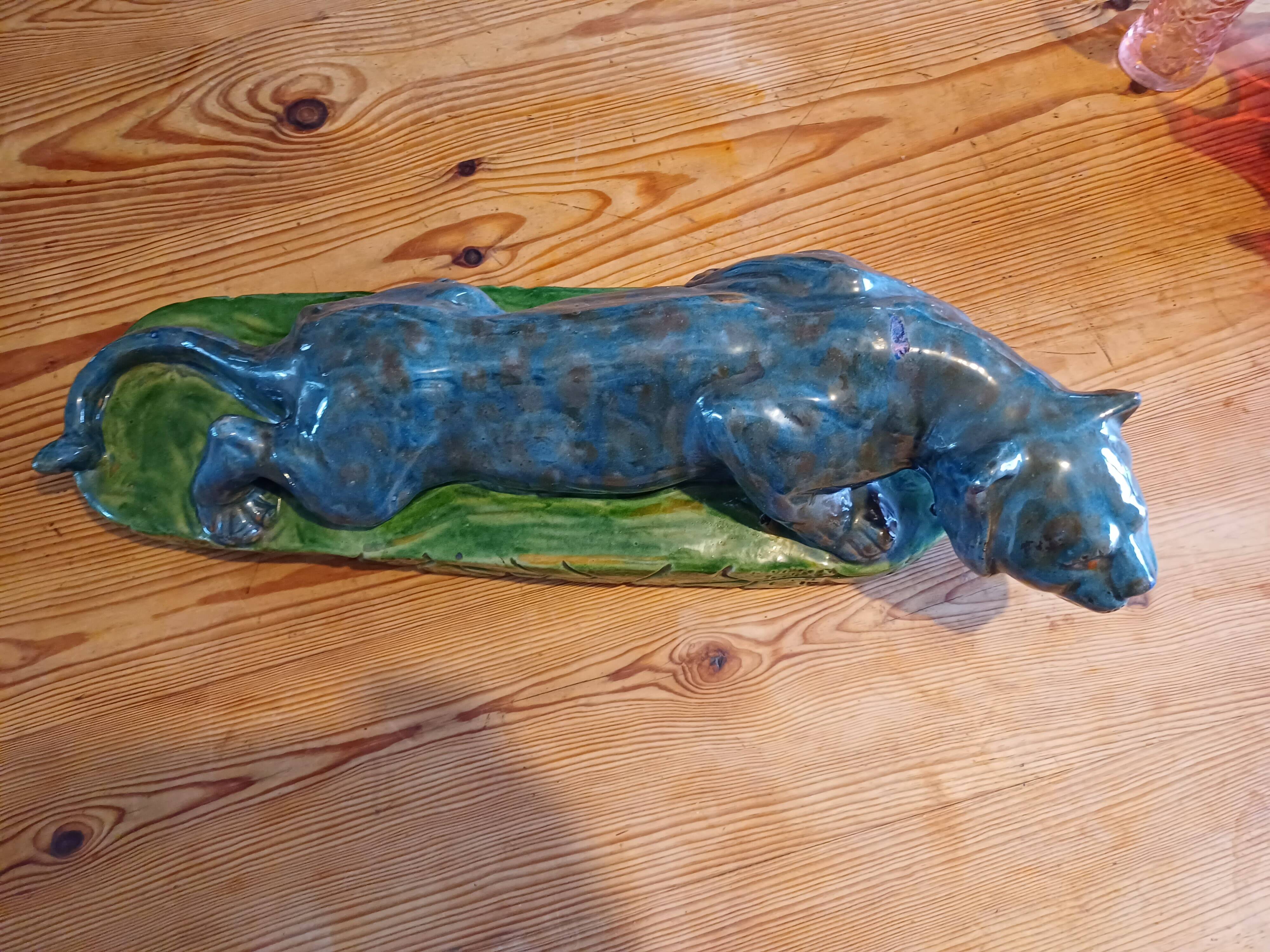 Blue and green Panther glazed ceramic