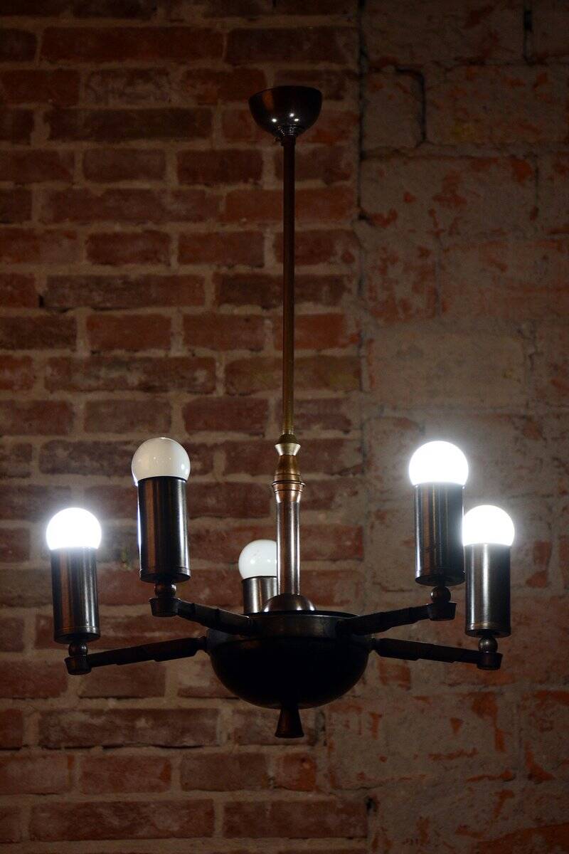 Cubist Chandelier in Brass and Bronze, Czech, 1910s