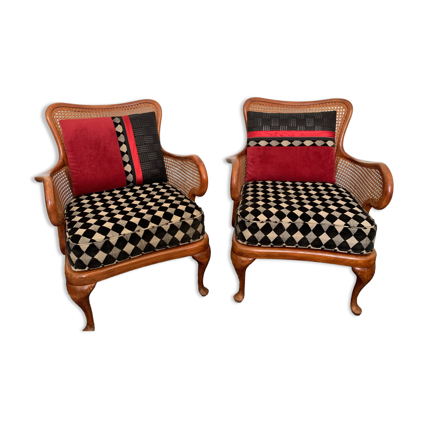 Lot De 2 Fauteuils Style Anglais Chippendale - Dossier Cannage, Velours Rouge - Bon état