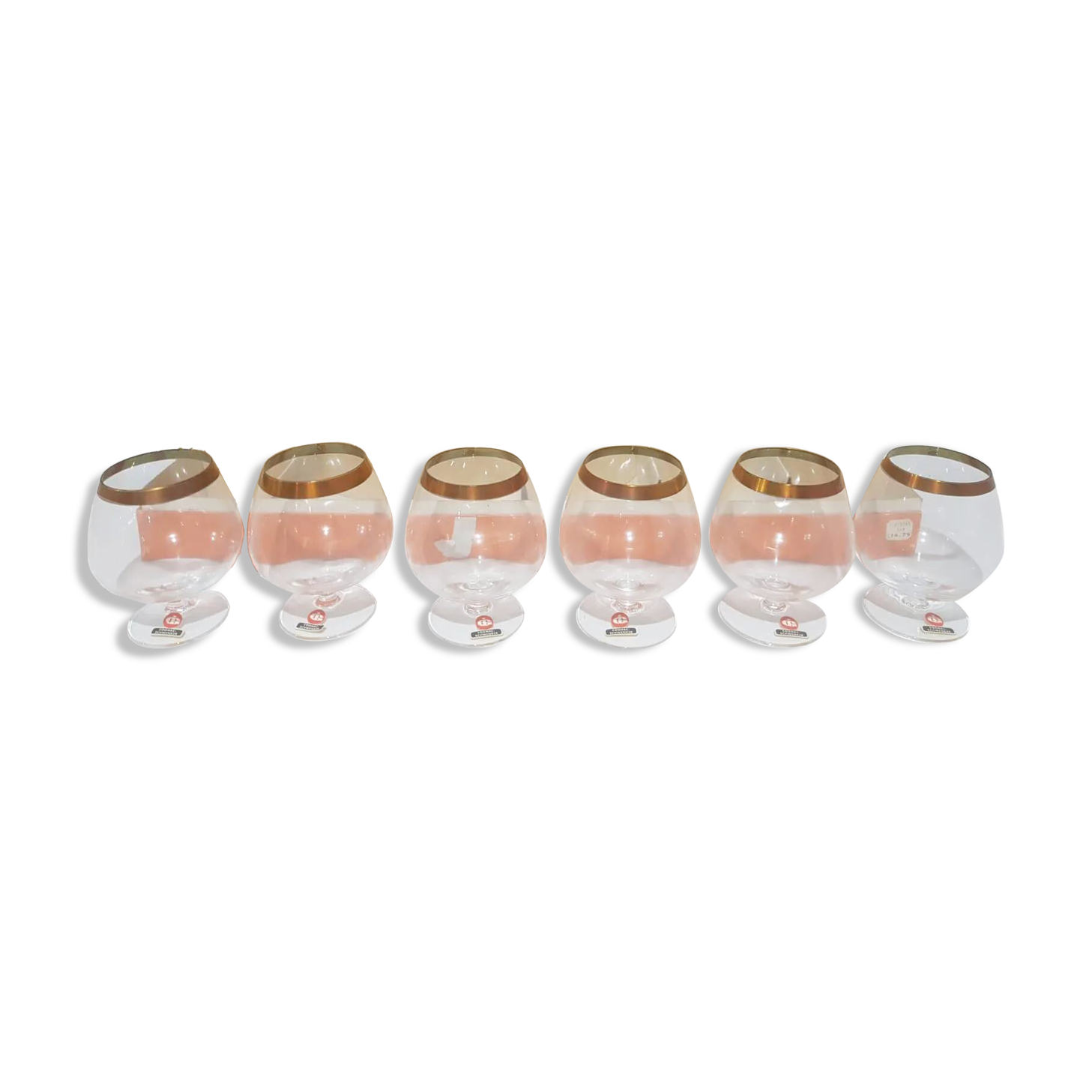 Set of six brandy glasses, transparent glass, gilding, Austria, 1960s.