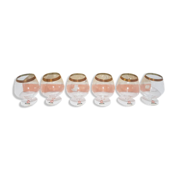 Ensemble de six verres à cognac, verre transparent, dorure, Autriche, années 60.