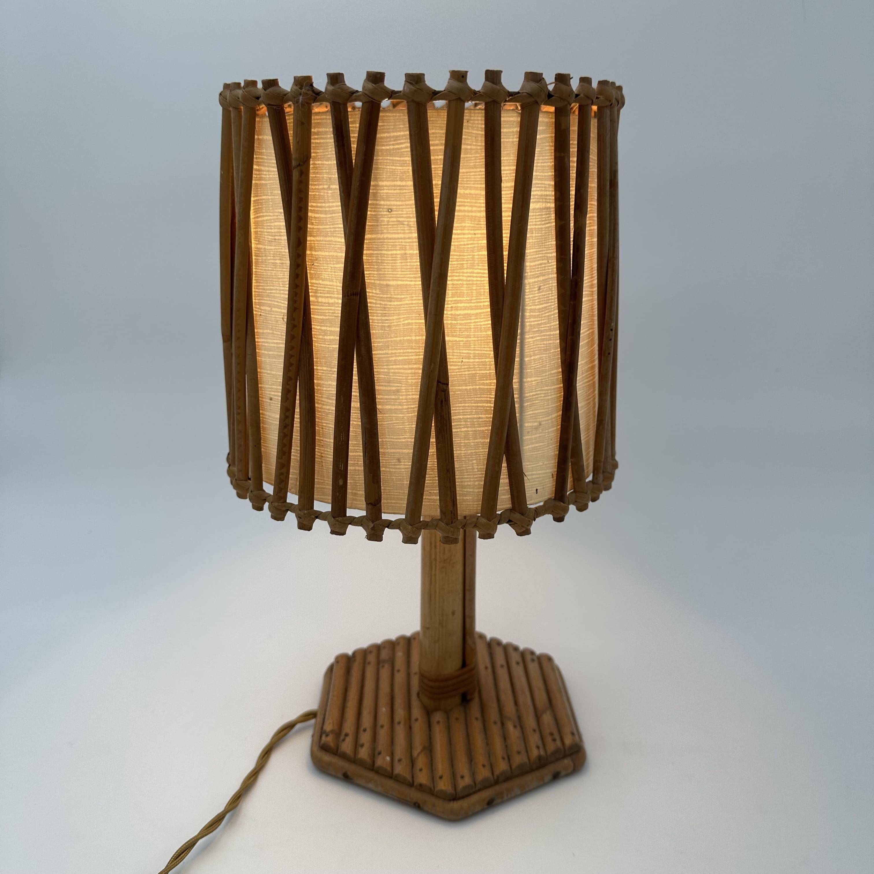 Rattan Table Lamp with Crosshatch Shade, Attributed to Louis Sognot,
