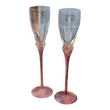 Duo de flûtes à champagne M.F. Cristal de Paris – Pieds rose violet dorés
