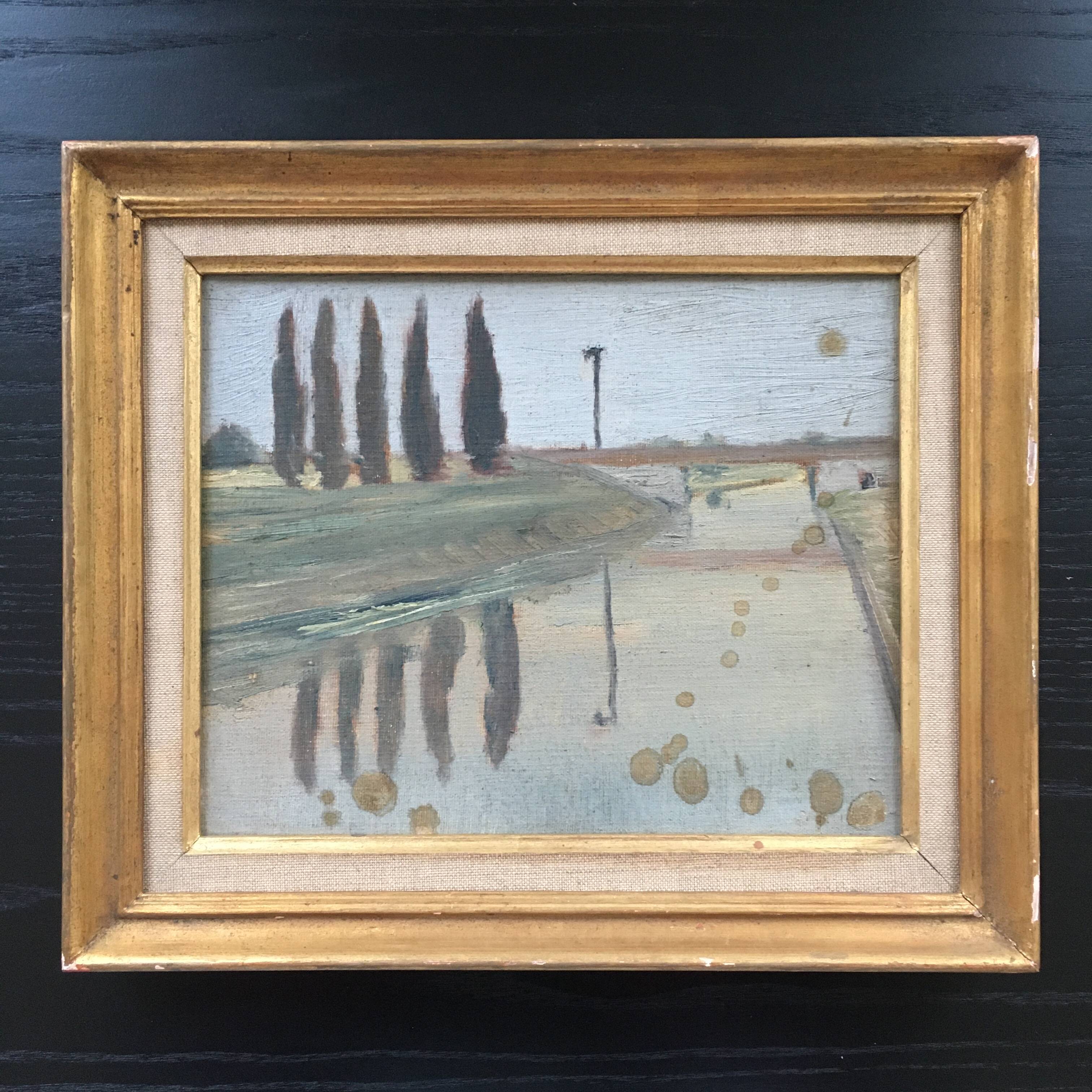 River landscape painting with cypresses