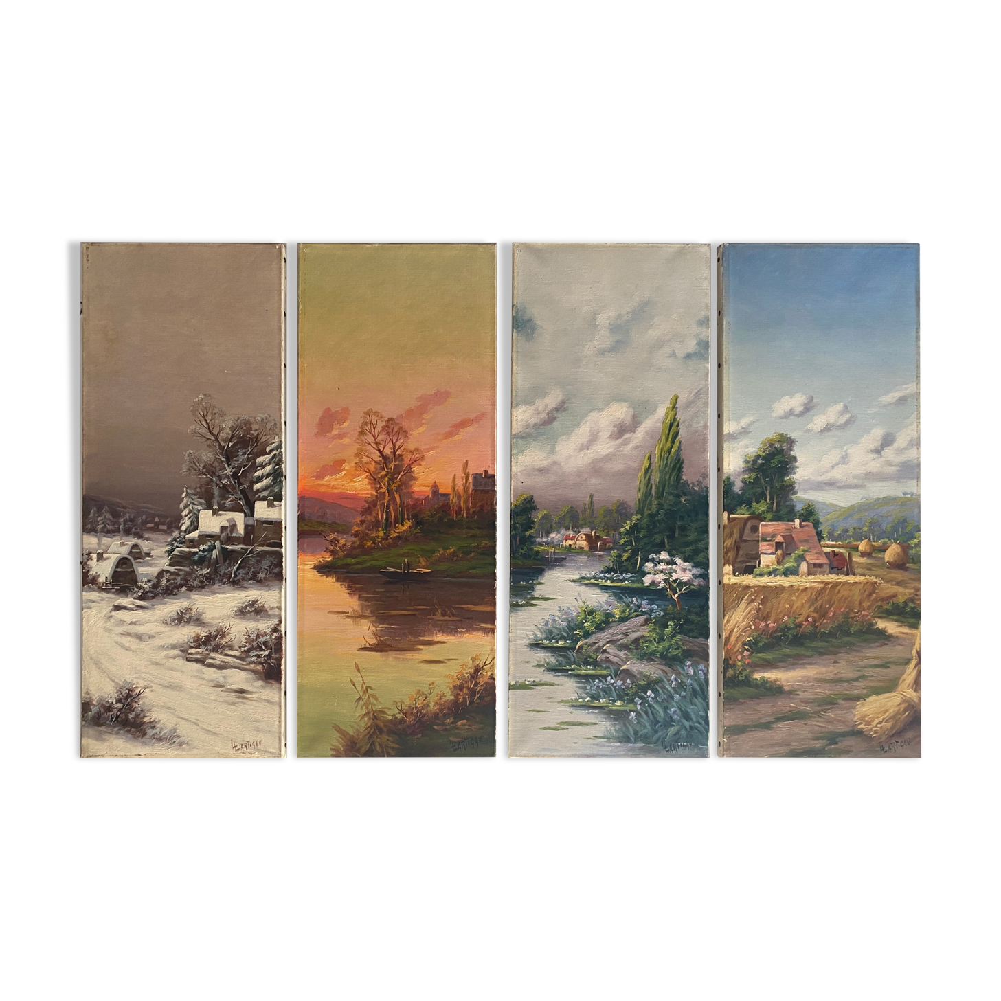 Suite of 4 paintings HST "The four seasons" by L. Lartigan XIX° / XX°