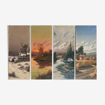 Suite of 4 paintings HST "The four seasons" by L. Lartigan XIX° / XX°
