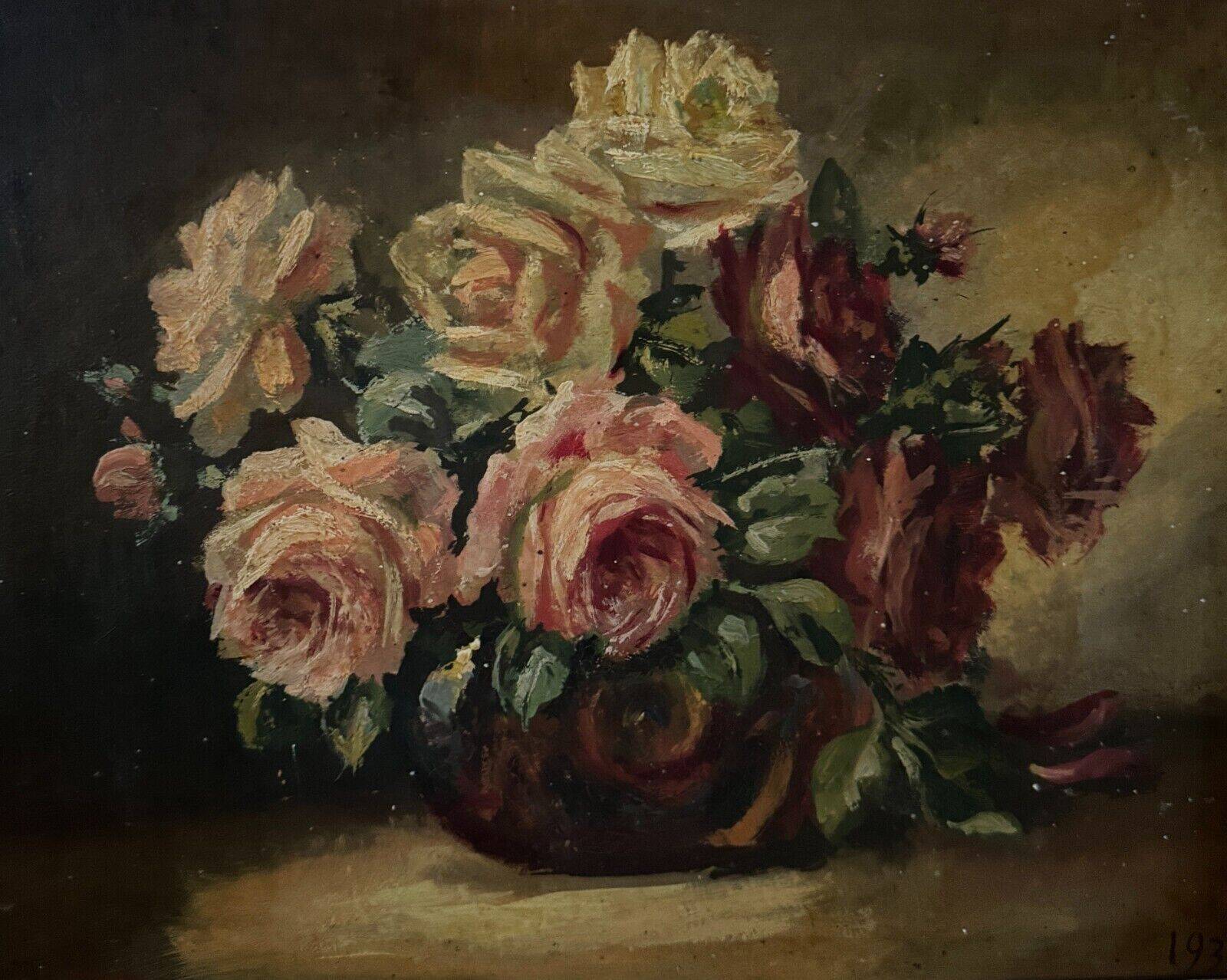Oil on panel signed still life bouquet of roses 1936