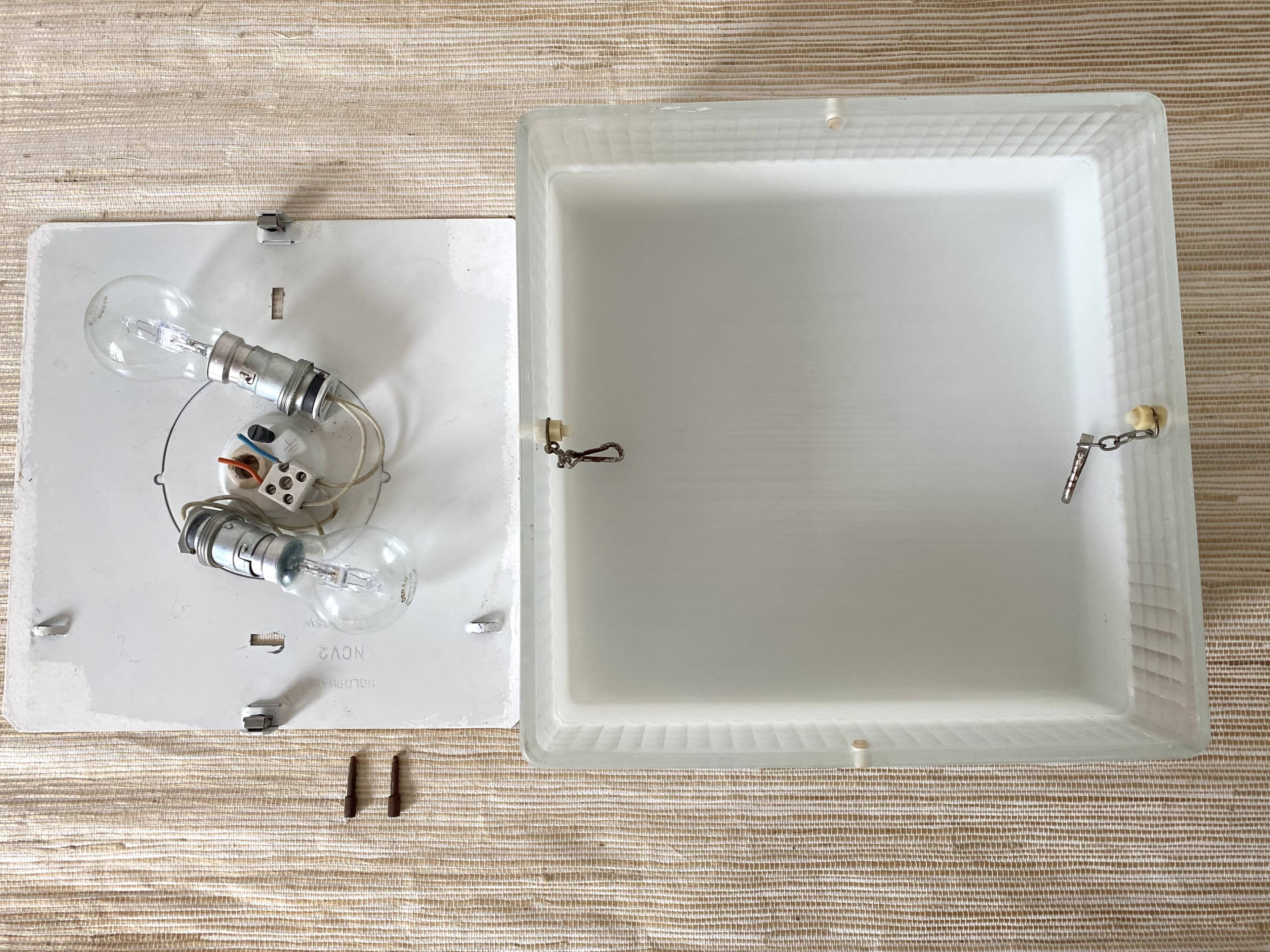 Square holophane ceiling light, industrial style, 1960s