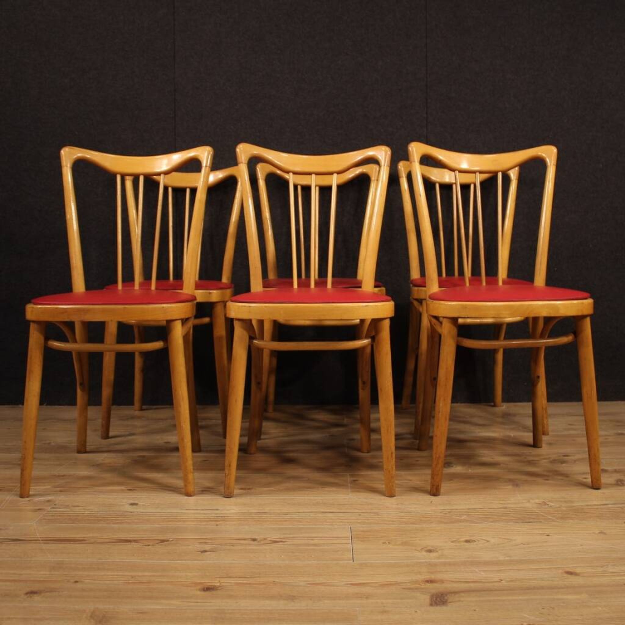 Italian Design Chairs In Exotic Wood And Faux Leather From 60s