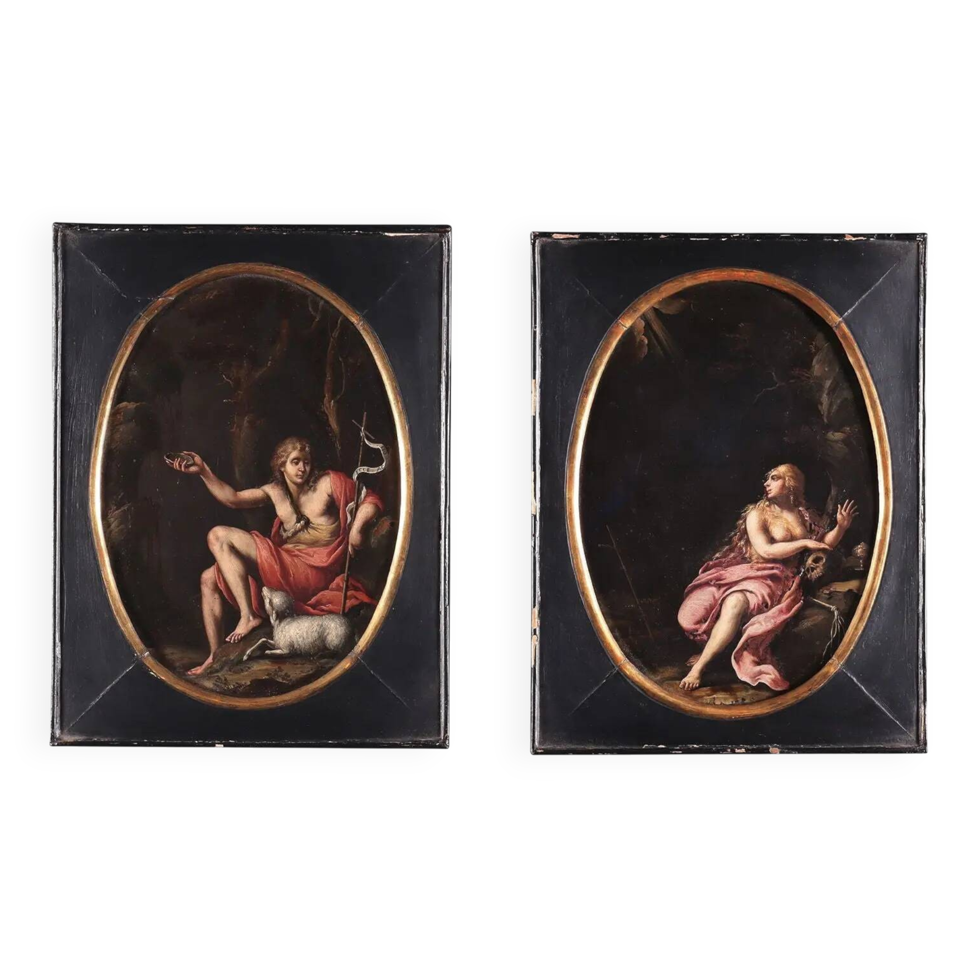 Paire de peintures anciennes sur ardoise, sujet religieux, XVIIe siècle