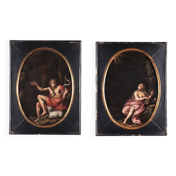 Pair of old paintings on slate, religious subject, 17th century.