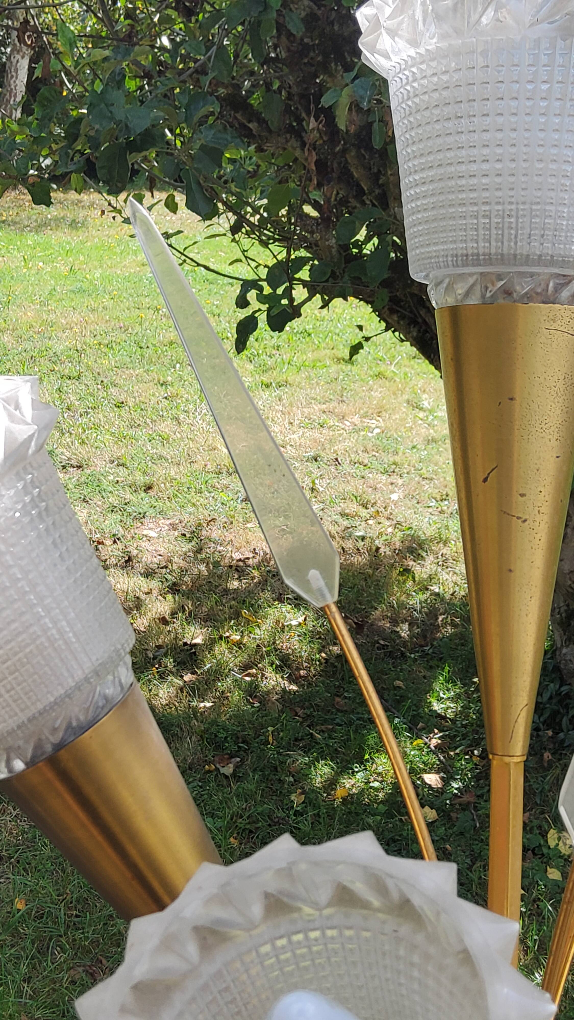 Vintage floor lamp in gilded brass with 5 glass tulips from the 50s