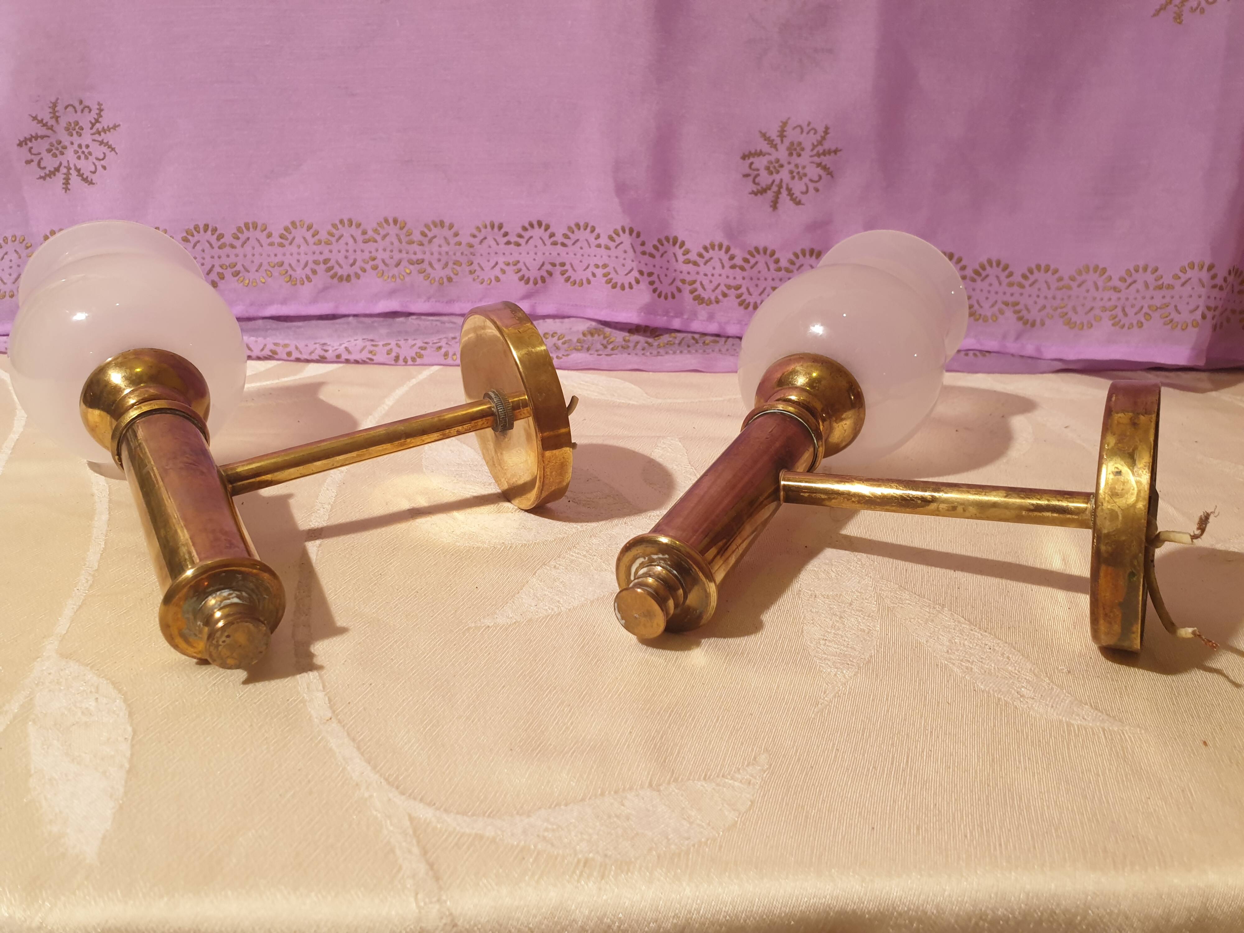 Pair of vintage design brass and opaline wall lights