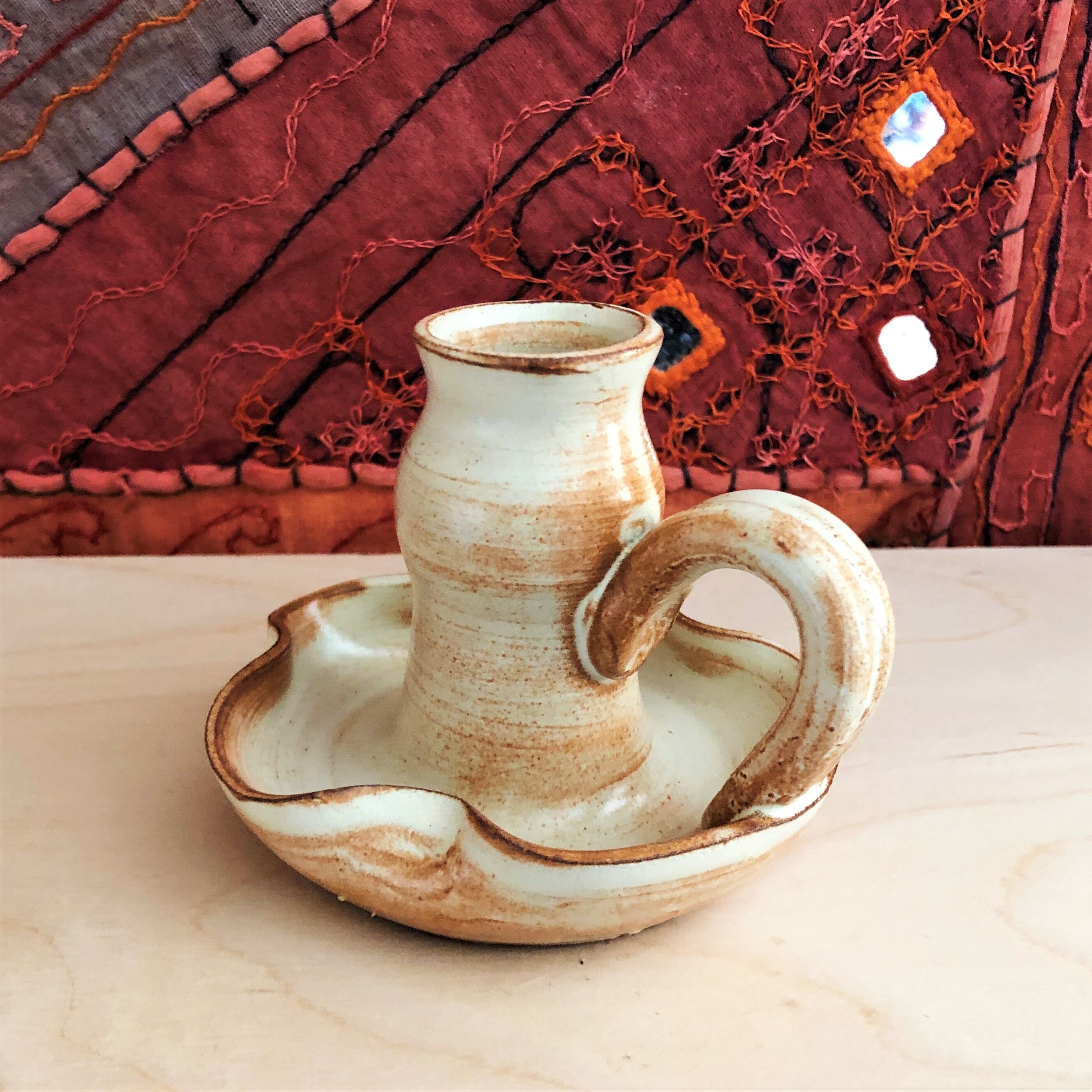 Handmade candle holder in vintage stoneware