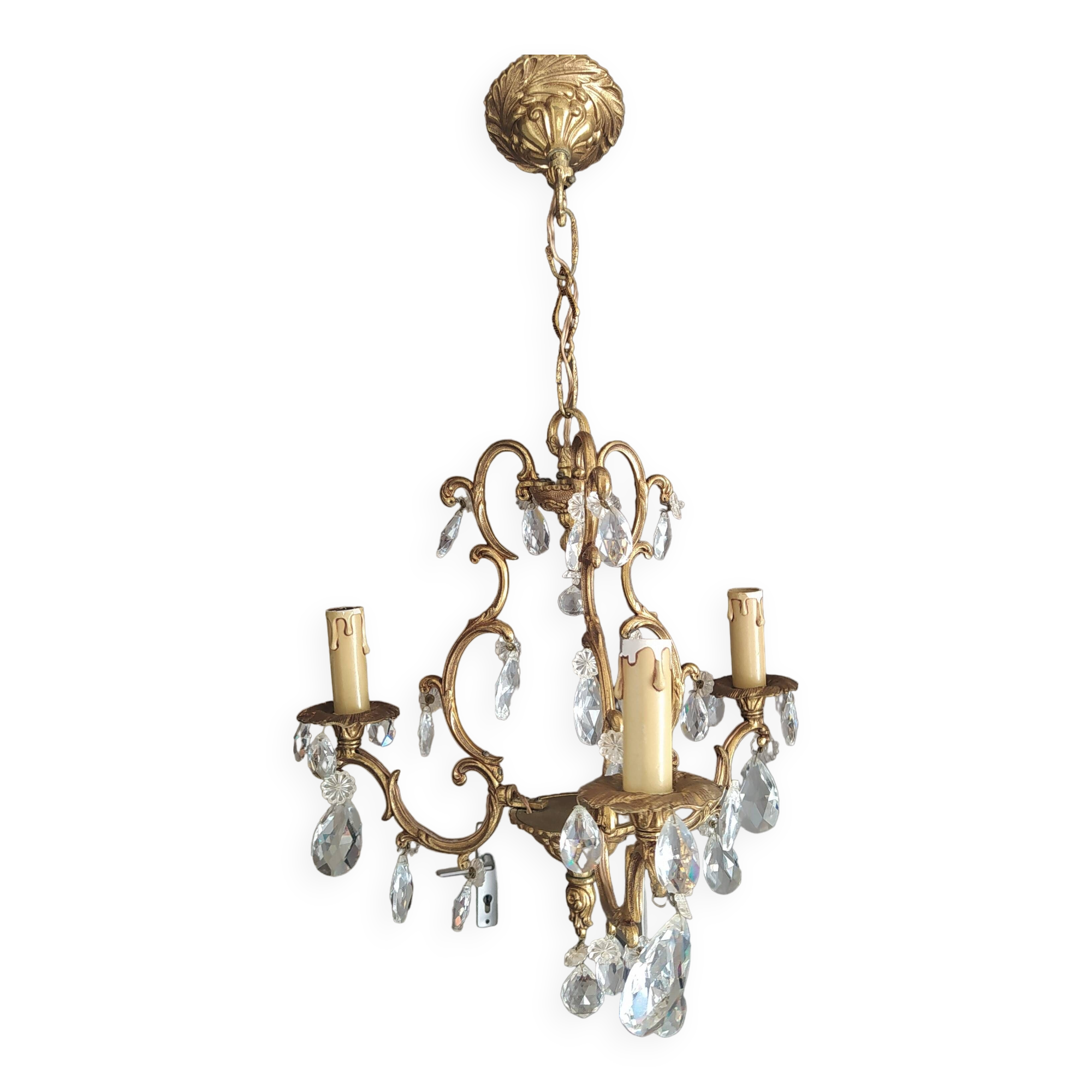 Louis xv bronze chandelier with crystal pendants 3 lights