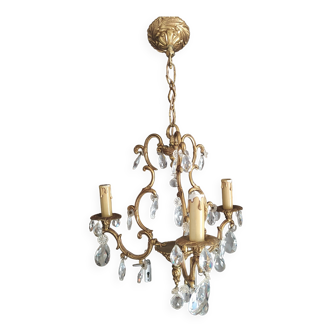 Lustre louis xv en bronze à pampilles en cristal 3 feux