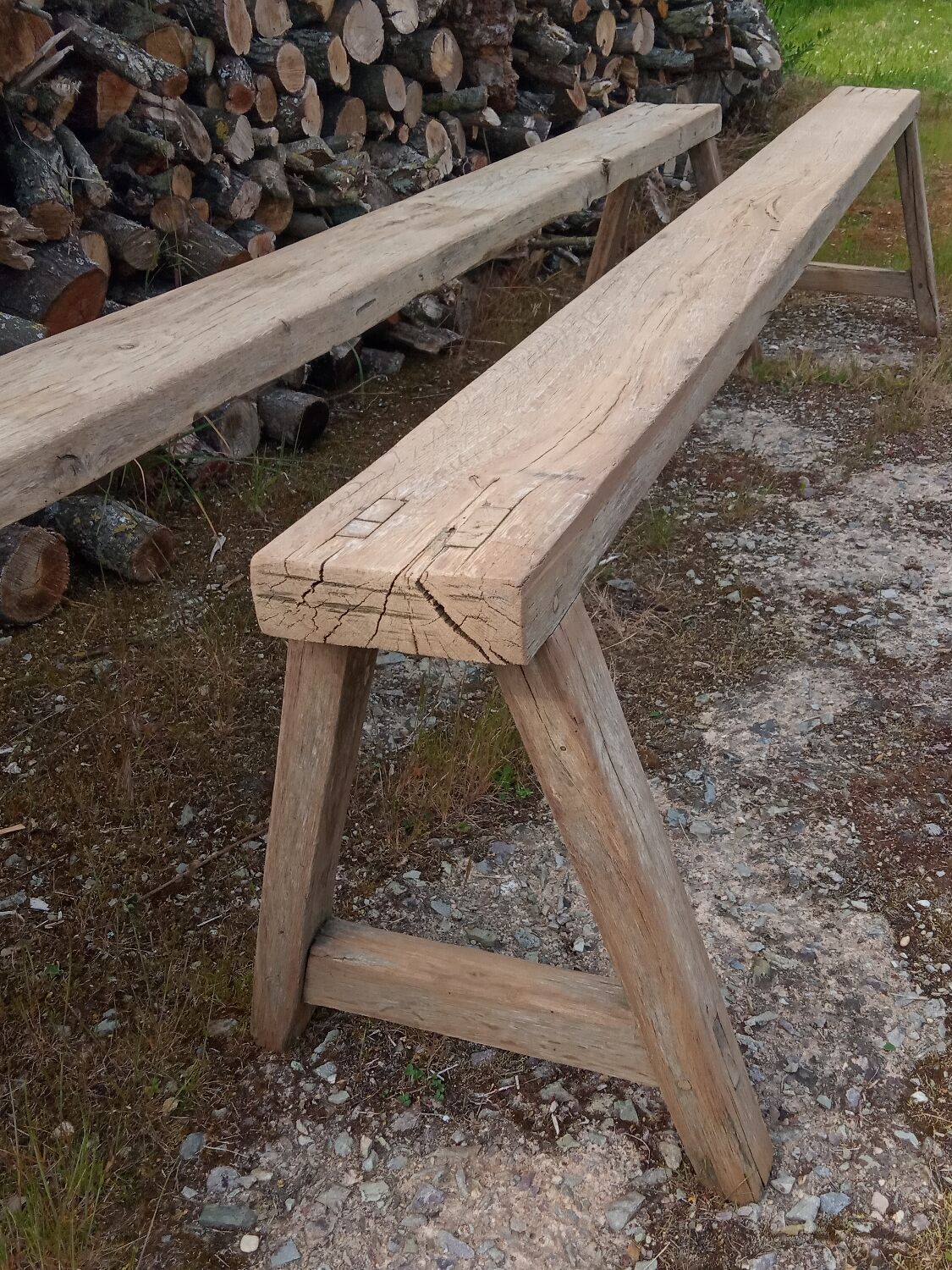 Pair of oak farmhouse benches 228 cm