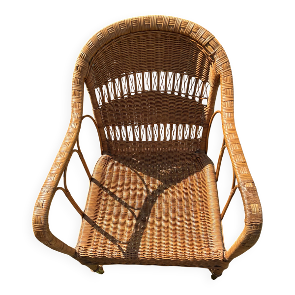 Fauteuil lounge colonial en rotin vintage, antérieur aux années 50