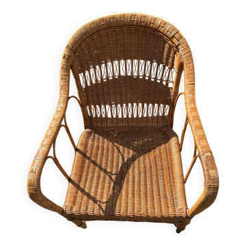Fauteuil lounge colonial en rotin vintage, antérieur aux années 50