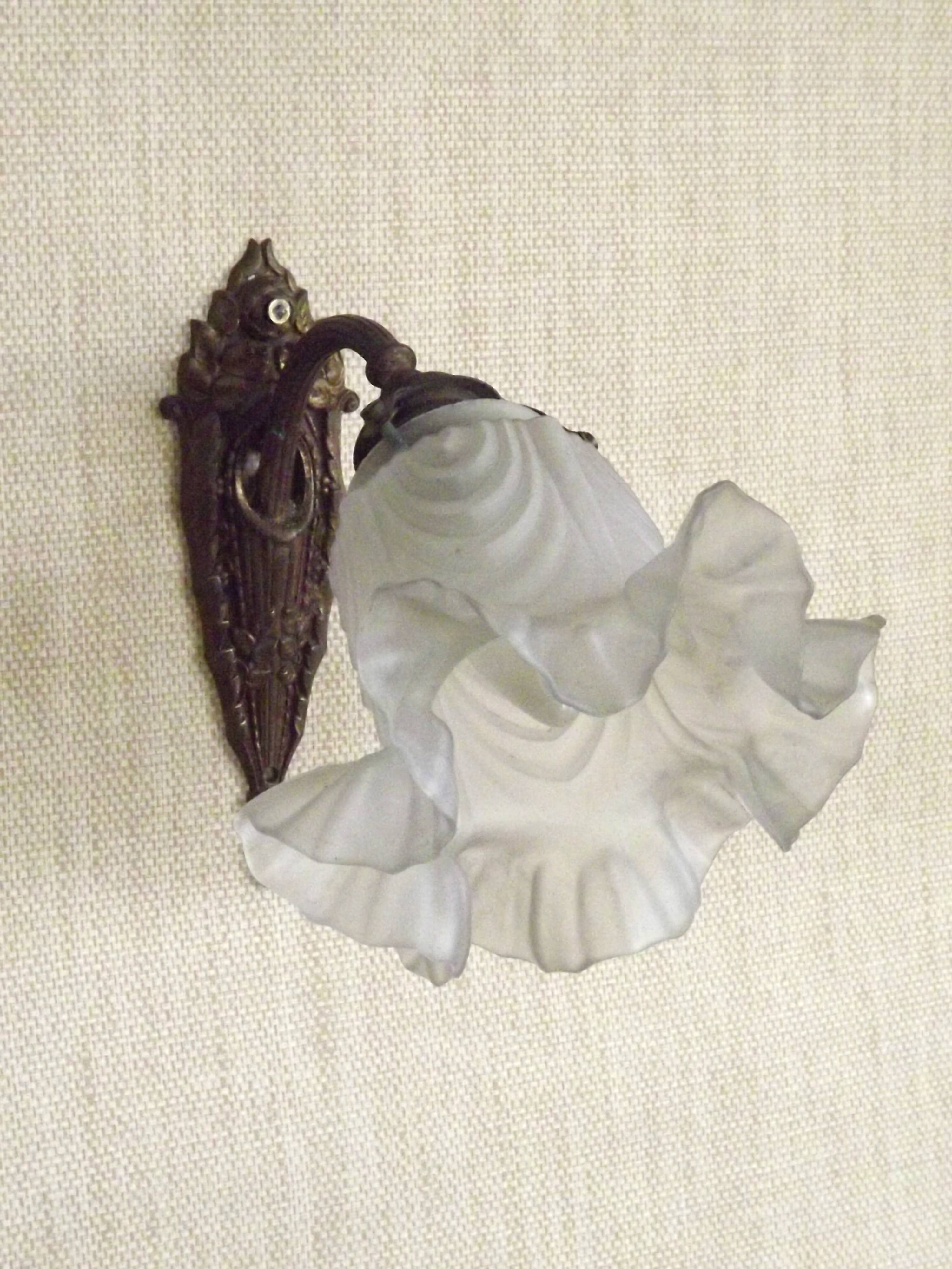 Single French Bronze Art Nouveau Wall Light with Flower Detail and White Glass Shade 4970
