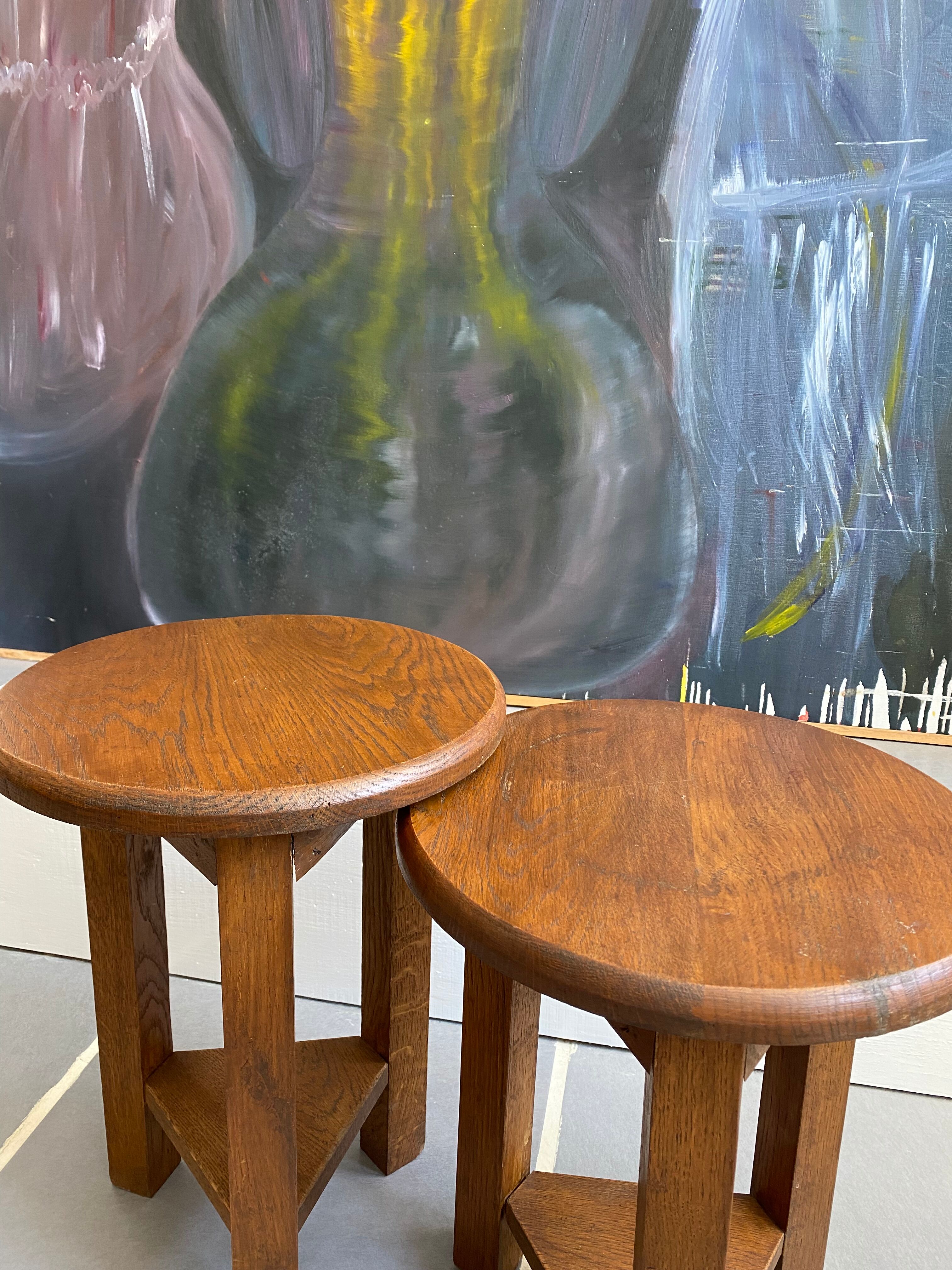 2 Vintage Tripod Oak Stools 50s