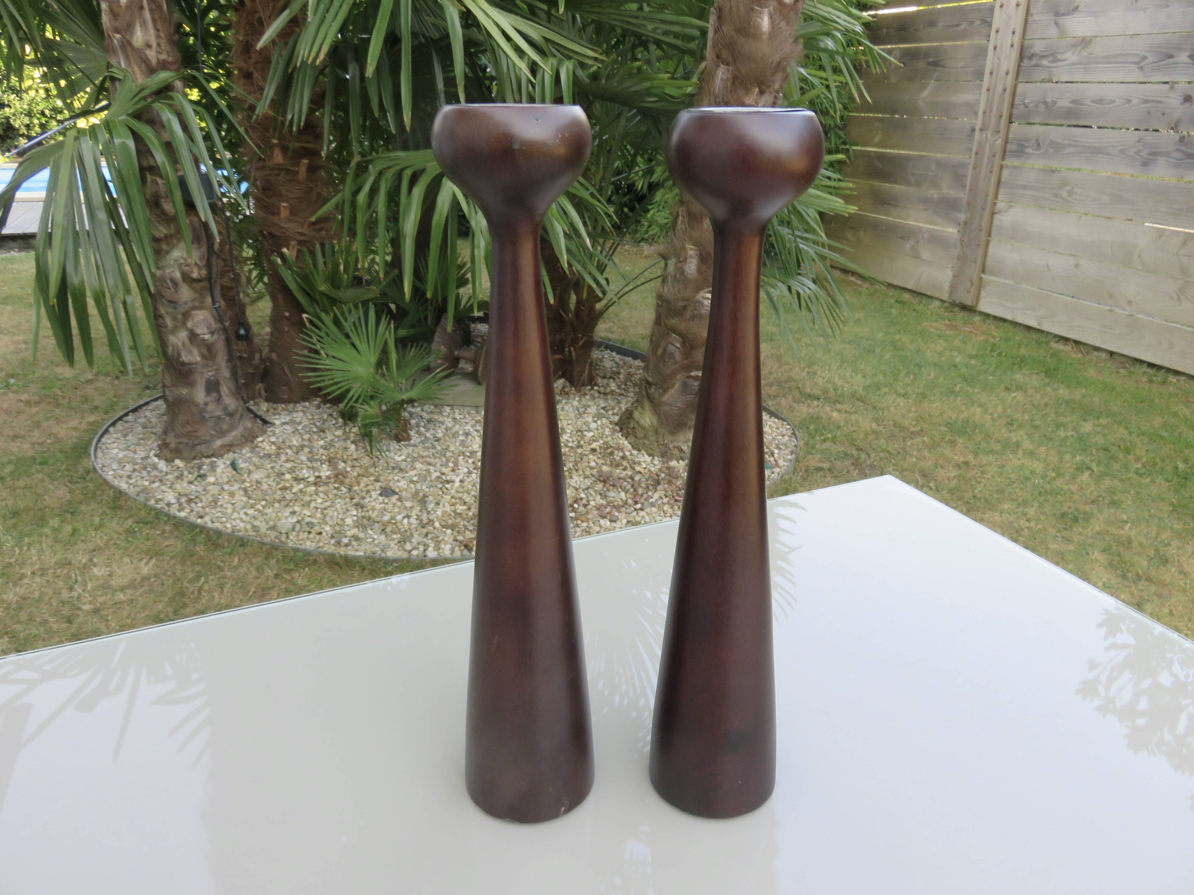 Pair of large Scandinavian teak candlesticks, vintage 1960.