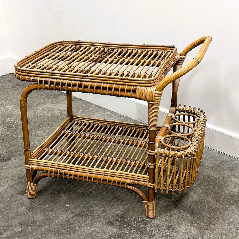 Vintage Italian rattan bar cart with bottle holder, 1970s