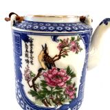 Japanese porcelain teapot with bamboo handle geisha décor and bird on flowers