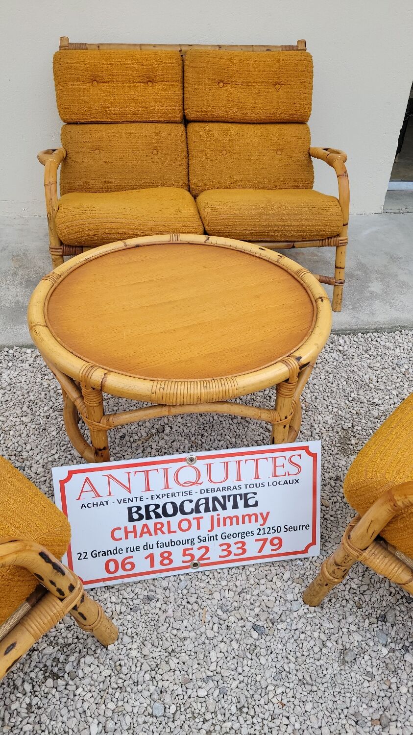 Salon canapé, 2 fauteuils et table basse en rotin vintage fabrication 1950