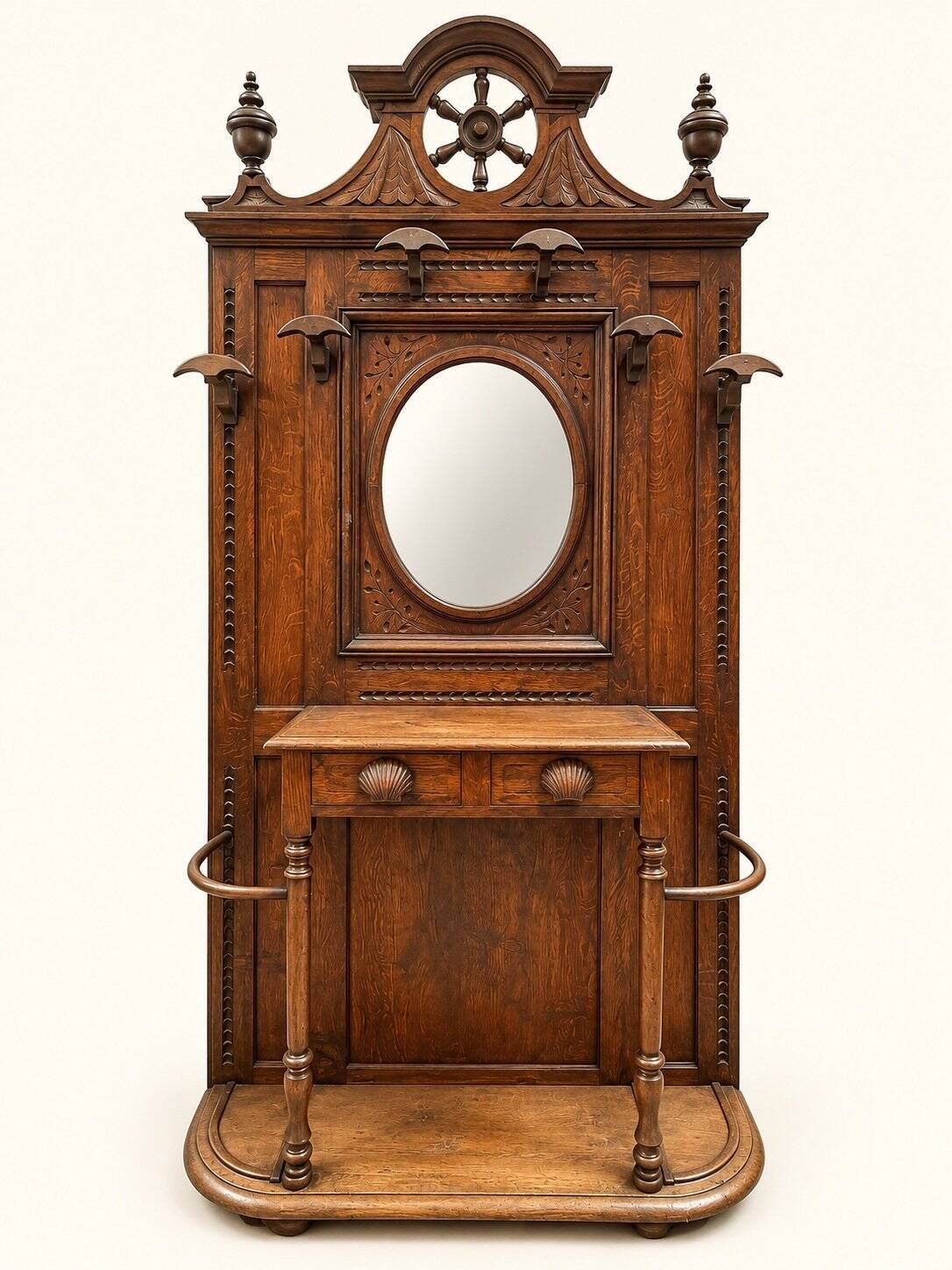 Napoleon III entrance hall wardrobe in solid oak with bevelled mirror.