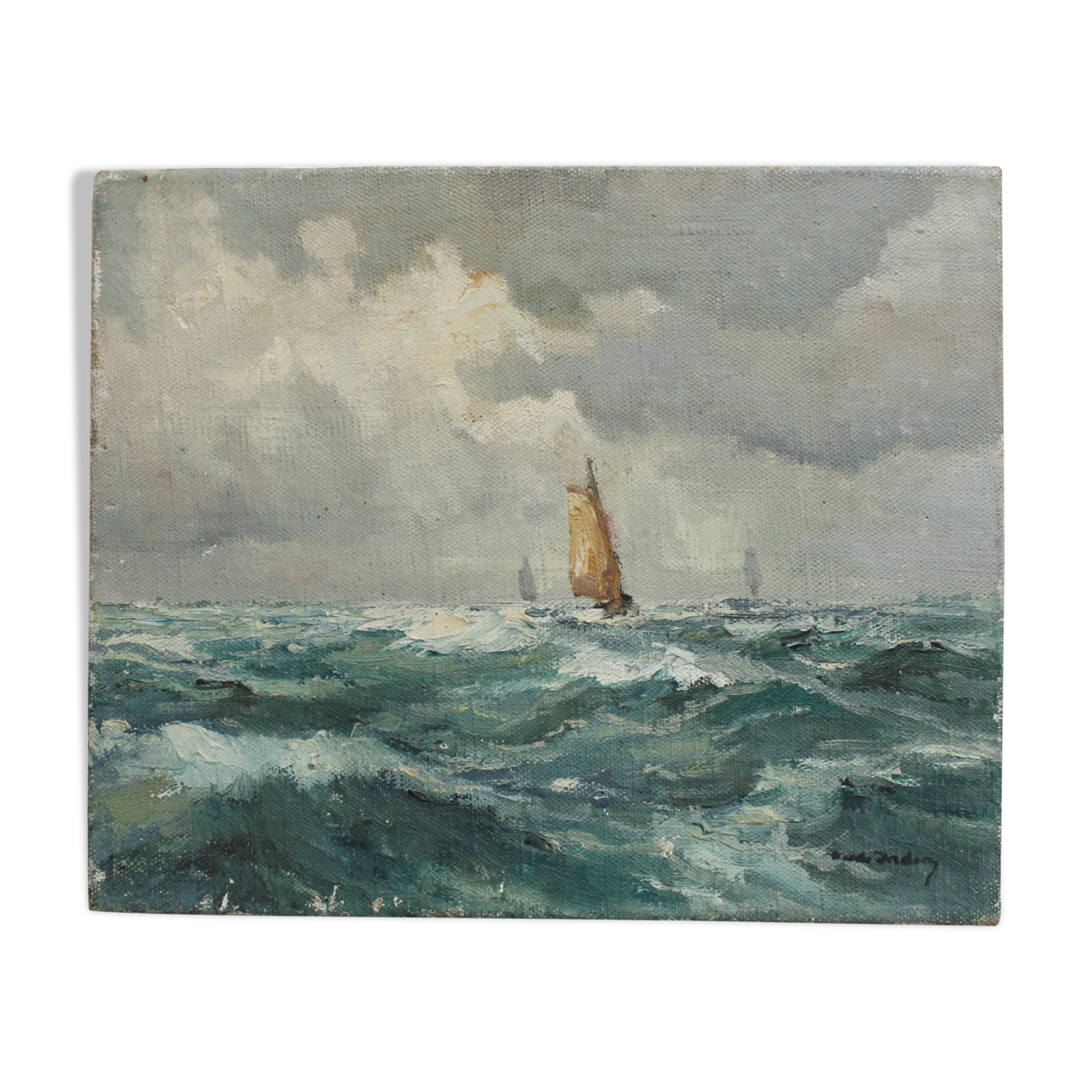 Old painting oil on marine canvas signed, early twentieth century