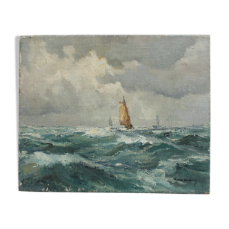 Old painting oil on marine canvas signed, early twentieth century