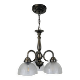 Lustre Art Déco ancien à 3 bras en métal patiné et verre nervuré