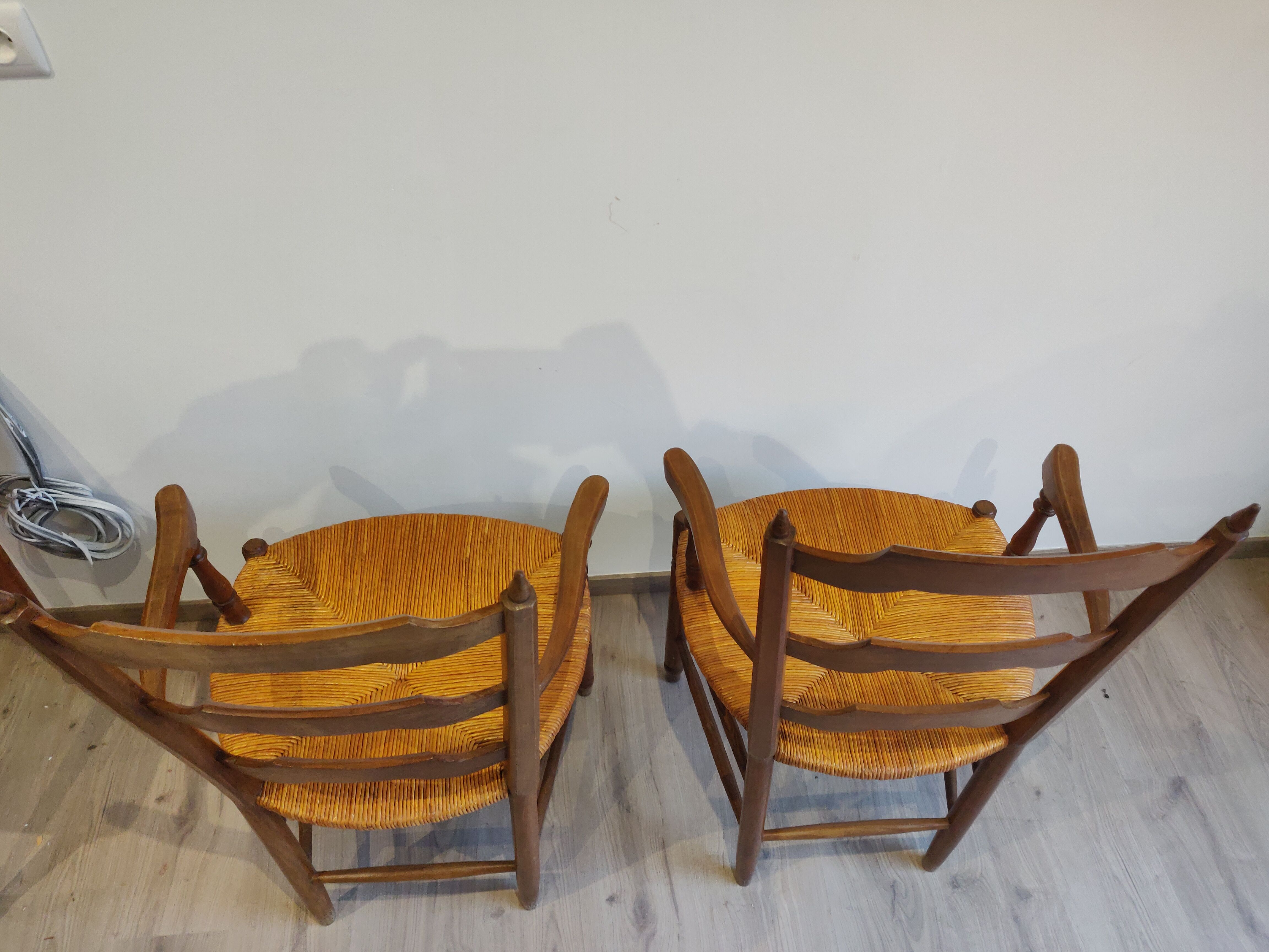 Paire de fauteuils bois paillé neo rustique circa 1950