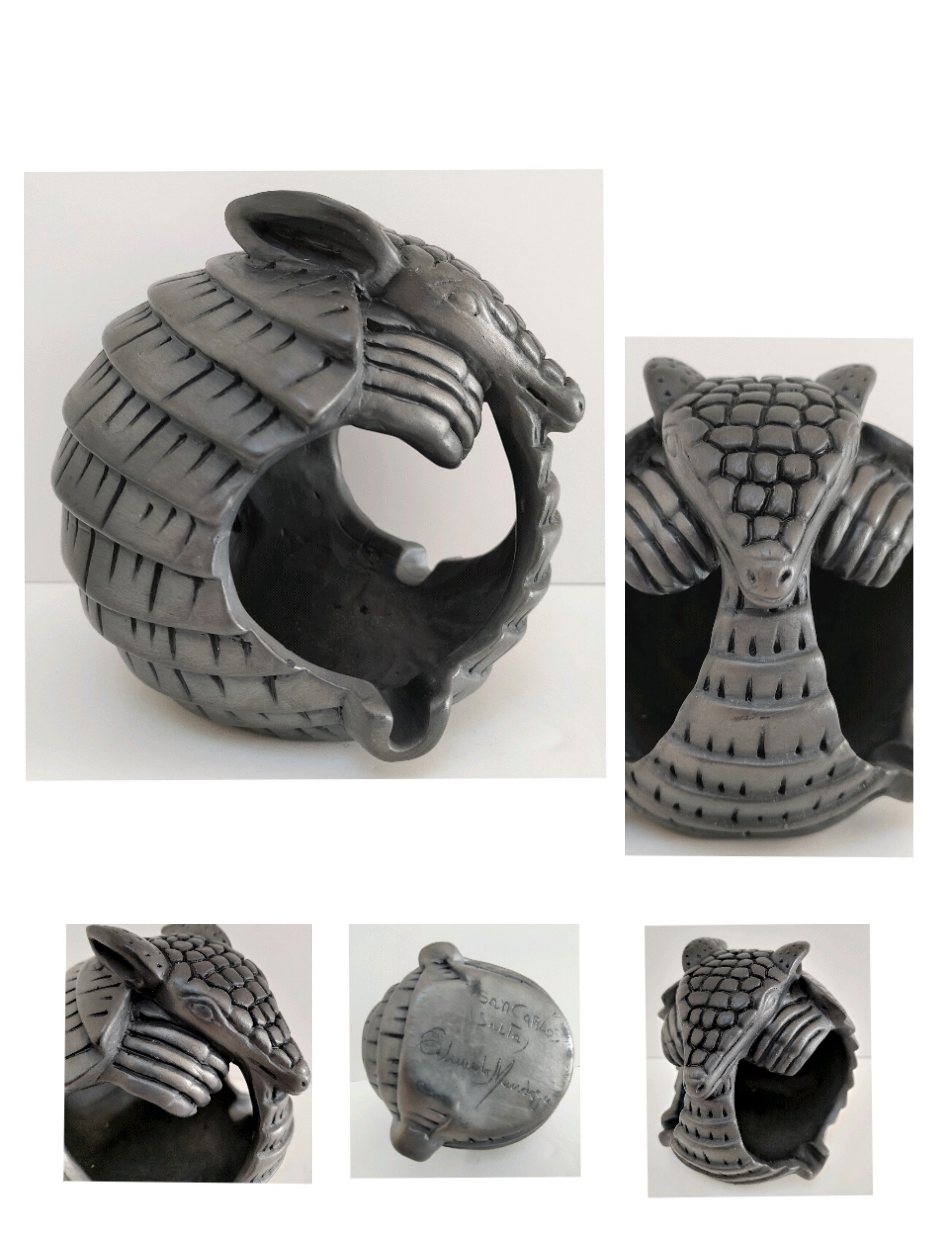 Zoomorphic ashtray armadillo black ceramic signed