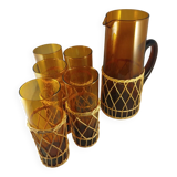 Carafe and 5 glasses set, amber glass and woven wicker, bohemian chic