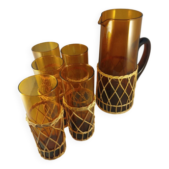 Carafe and 5 glasses set, amber glass and woven wicker, bohemian chic