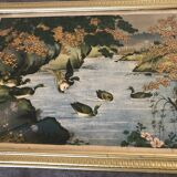 Old painting with a polychrome print decoration of ducks in nature.