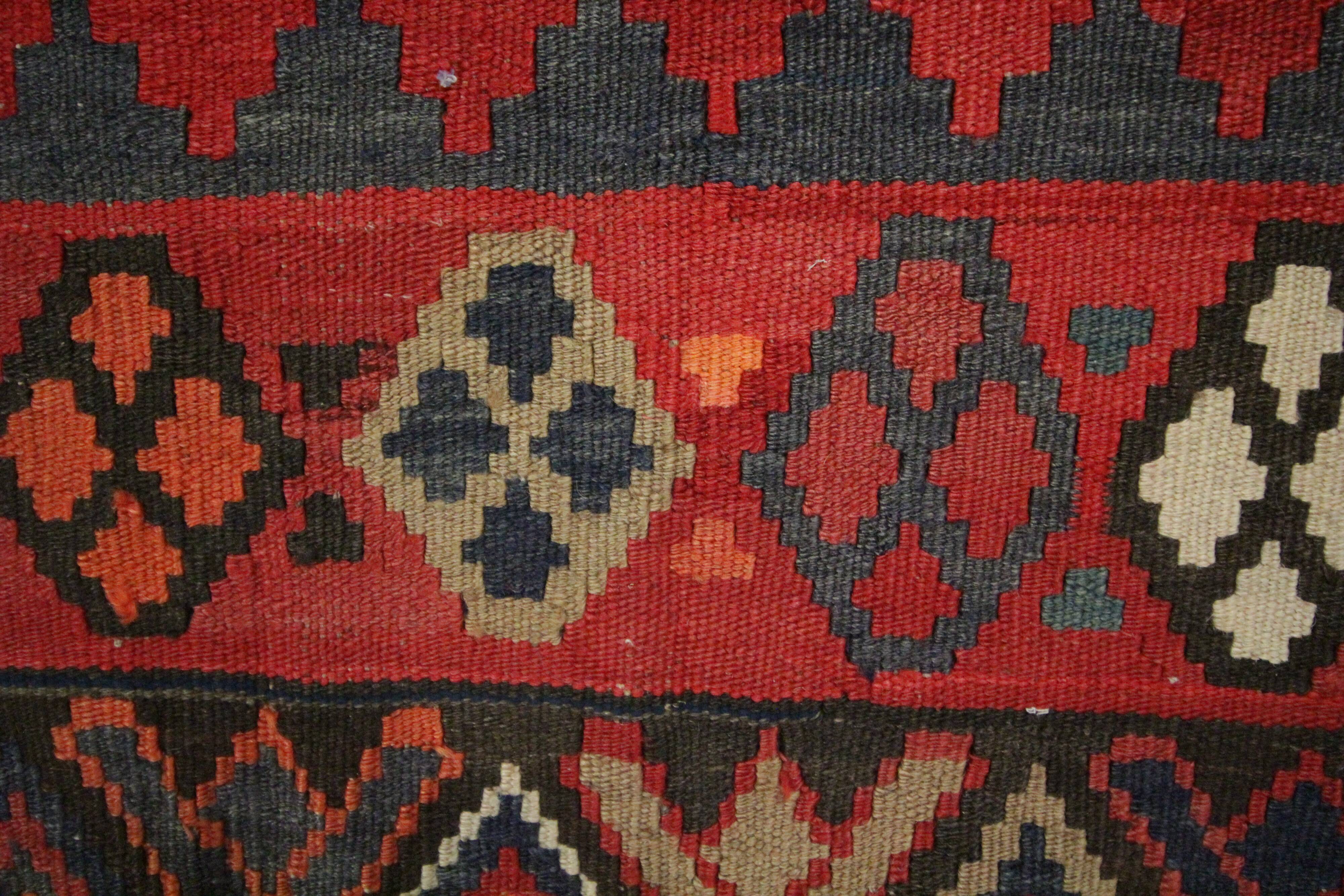 Deep Red Afghan Kilim Rug, Large Geometric Wool Handmade Carpet 200x337 cm