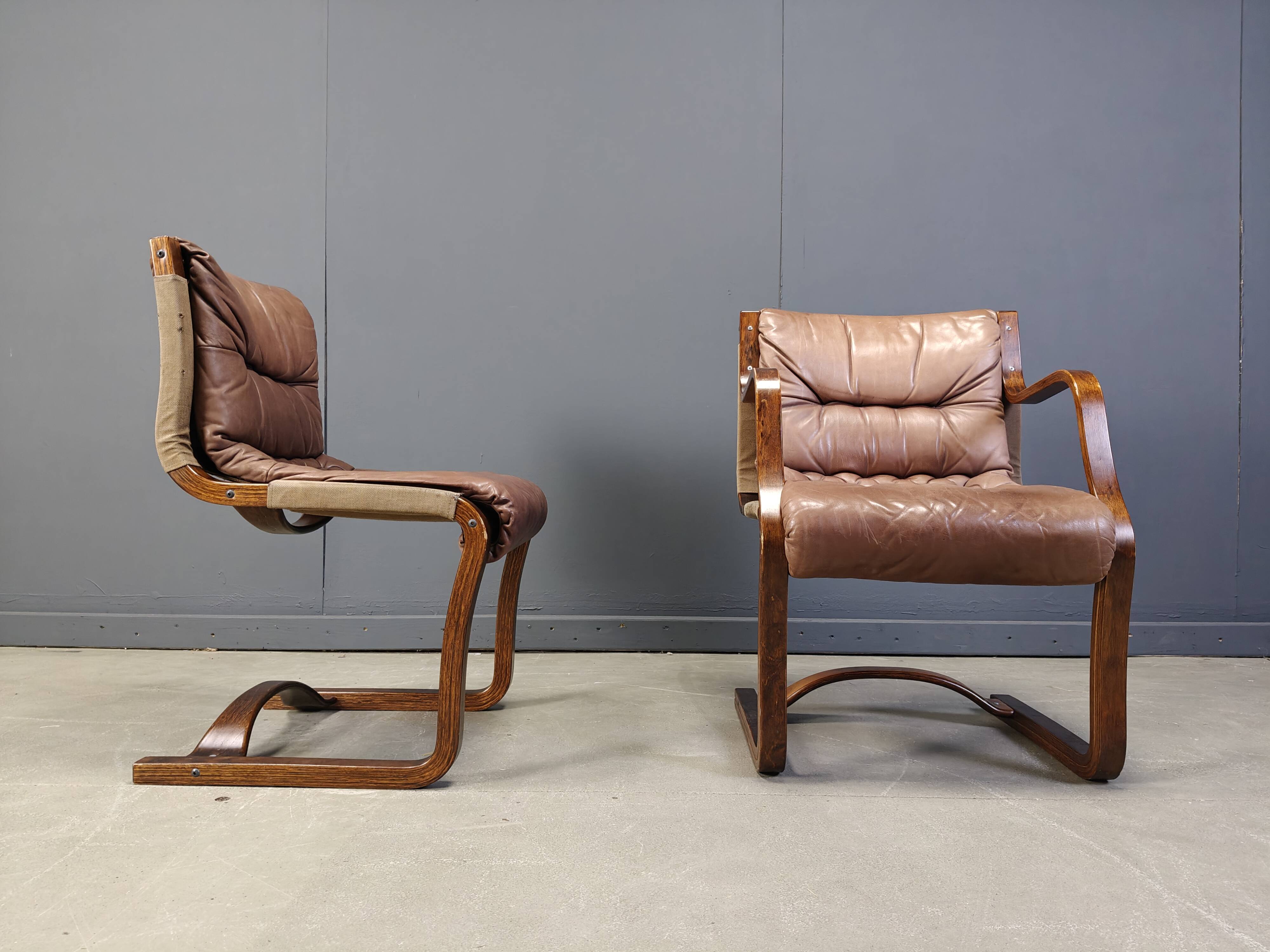Vintage Asko Pajamies Finland Leather Plywood chairs, set of 6 - 1970s