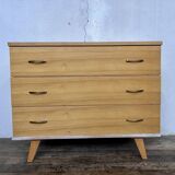 Commode vintage chêne clair pieds compas 1960
