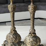 Pair of Antique Flambeaux Candlesticks/Baroque Style, Rocaille. In gilded bronze. 19th century