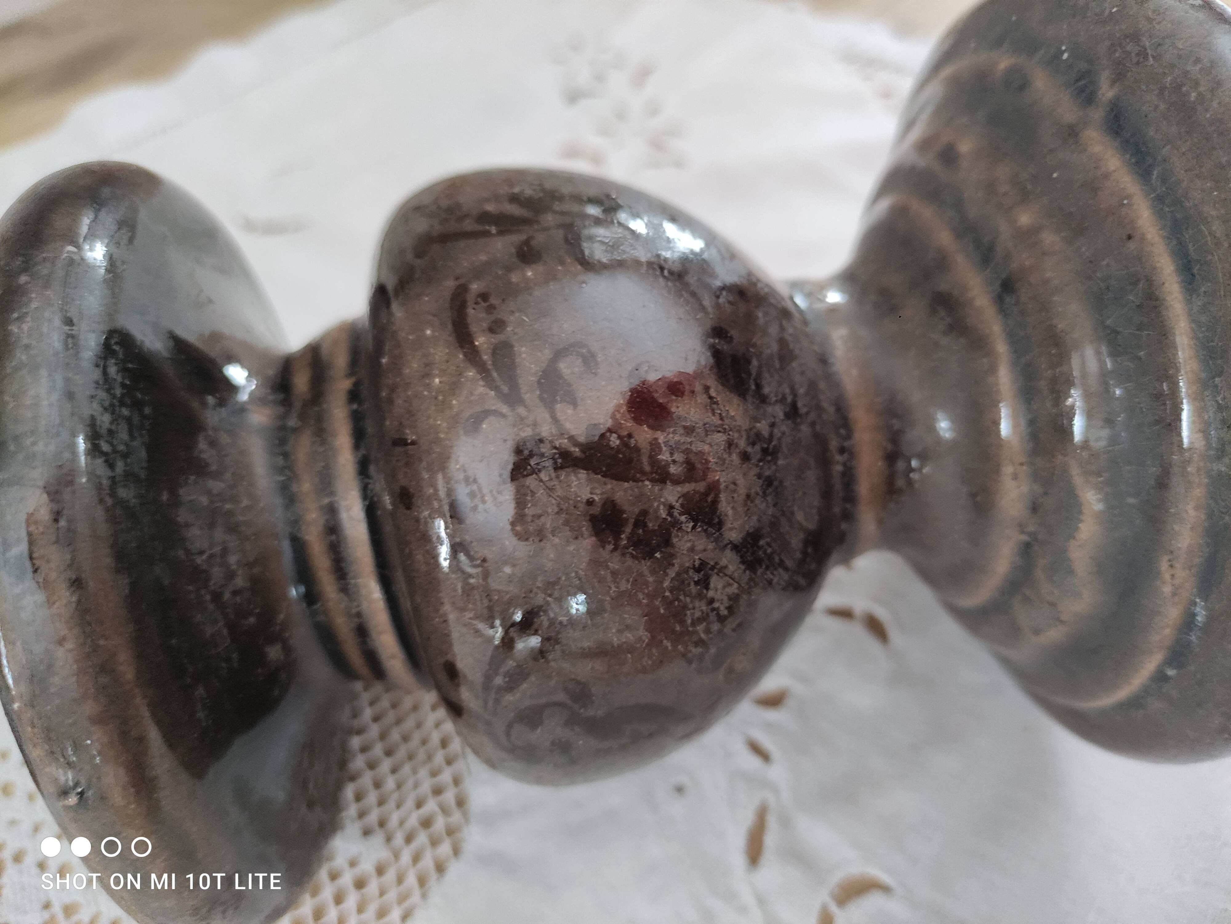 Set of 2 candle holders in brown enamelled terracotta decoration floral pattern tone on tone