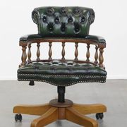 Dark green cowhide leather and wood chesterfield office chair on wheels