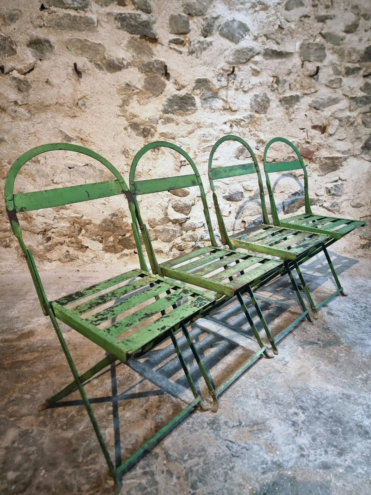 Set of 4 Antique Iron Folding Garden Chairs - 1920s Riveted Bistro Chairs with Aged Green Patina