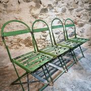 Set of 4 Antique Iron Folding Garden Chairs - 1920s Riveted Bistro Chairs with Aged Green Patina