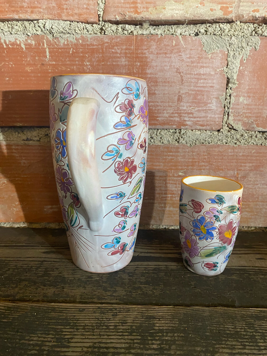 Orangeade Service VALLAURIS Ceramic Flowers Pitcher + 6 Vinta Glasses