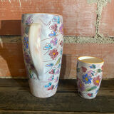 Orangeade Service VALLAURIS Ceramic Flowers Pitcher + 6 Vinta Glasses