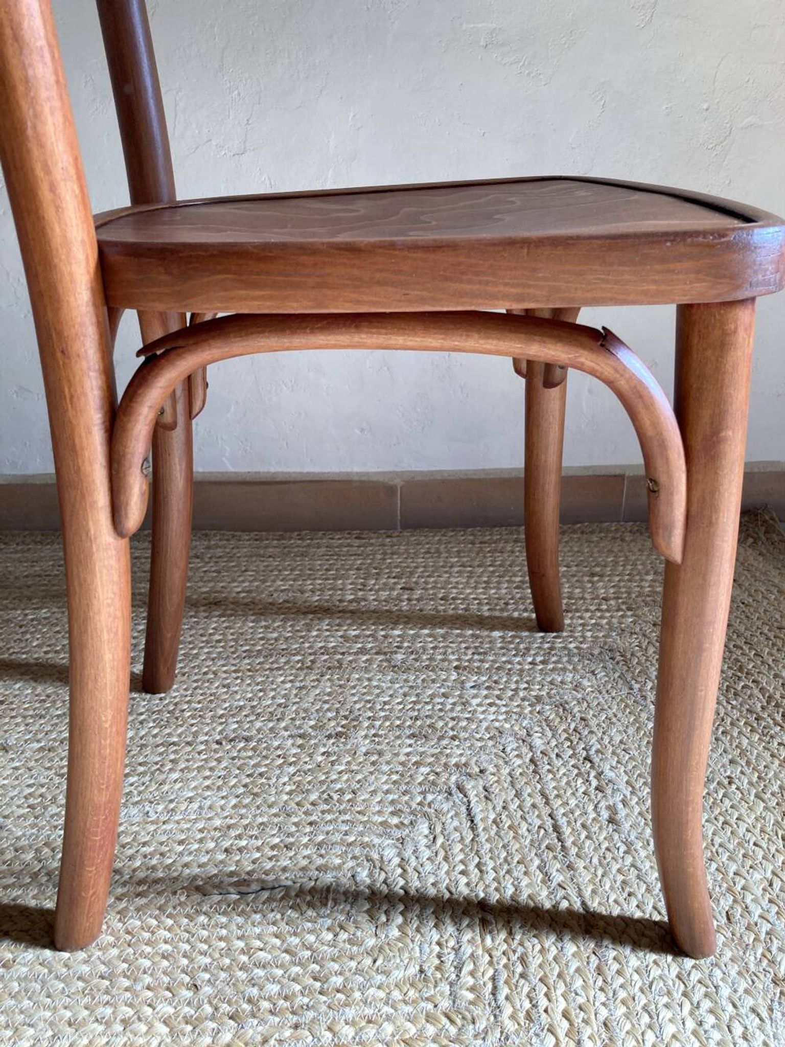 Pair of wooden bistro chairs signed Thonet, 1940s