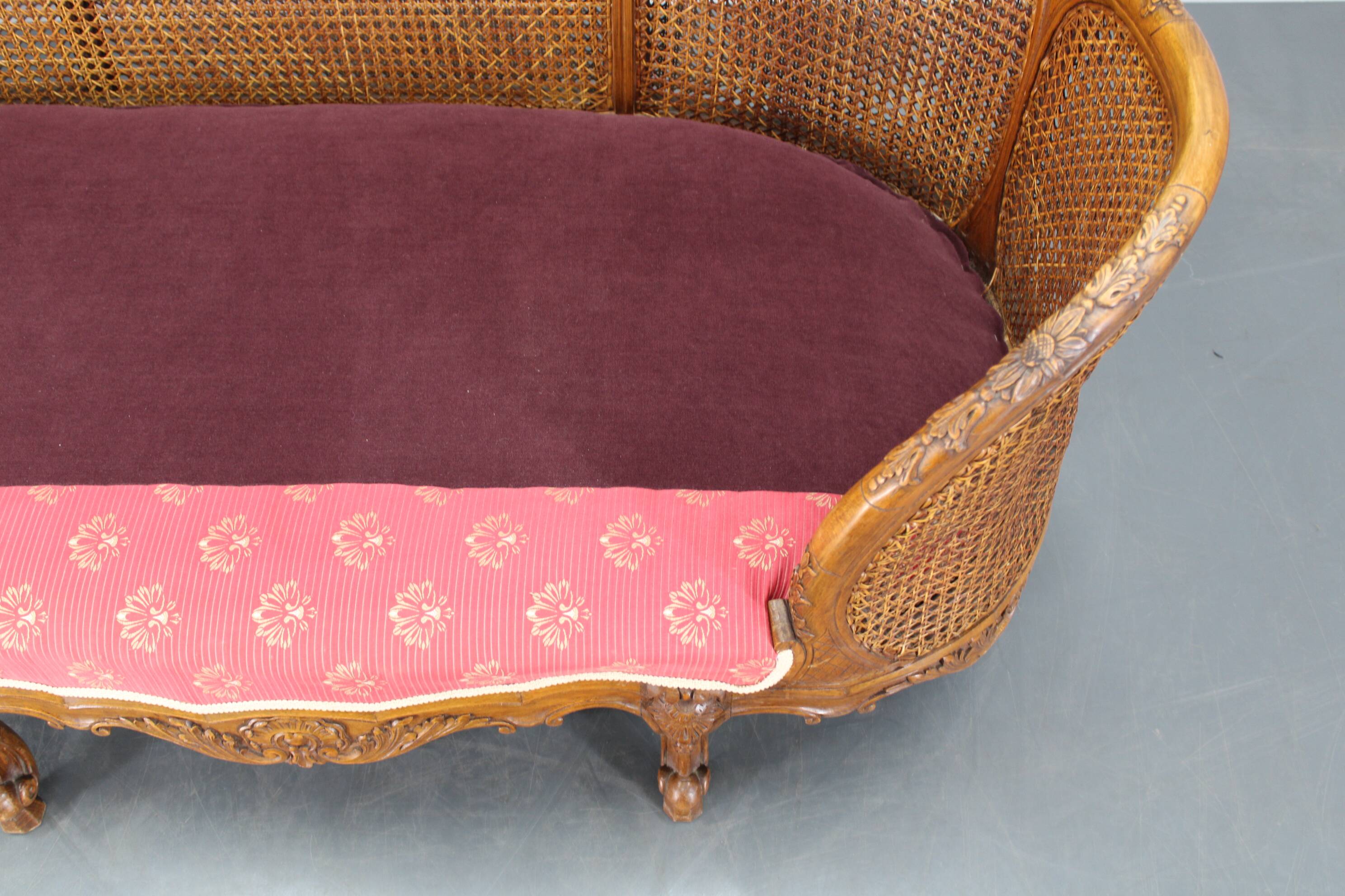 Antique Carved Sofa with Cane Sides , Czechoslovakia